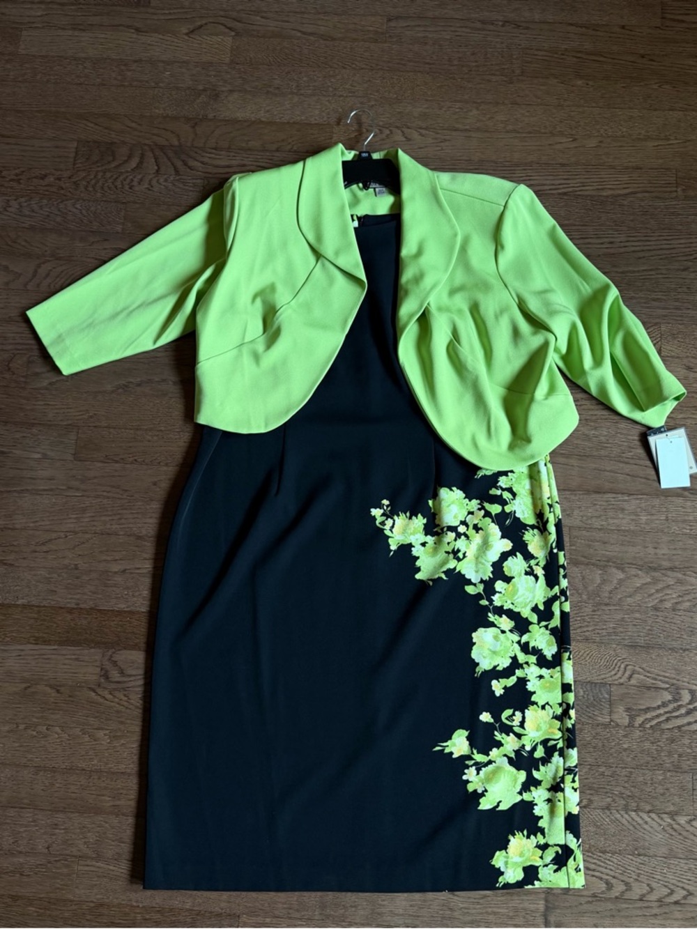 Black Pencil Dress with Lime Floral Accent and Lime Cropped Jacket - Women